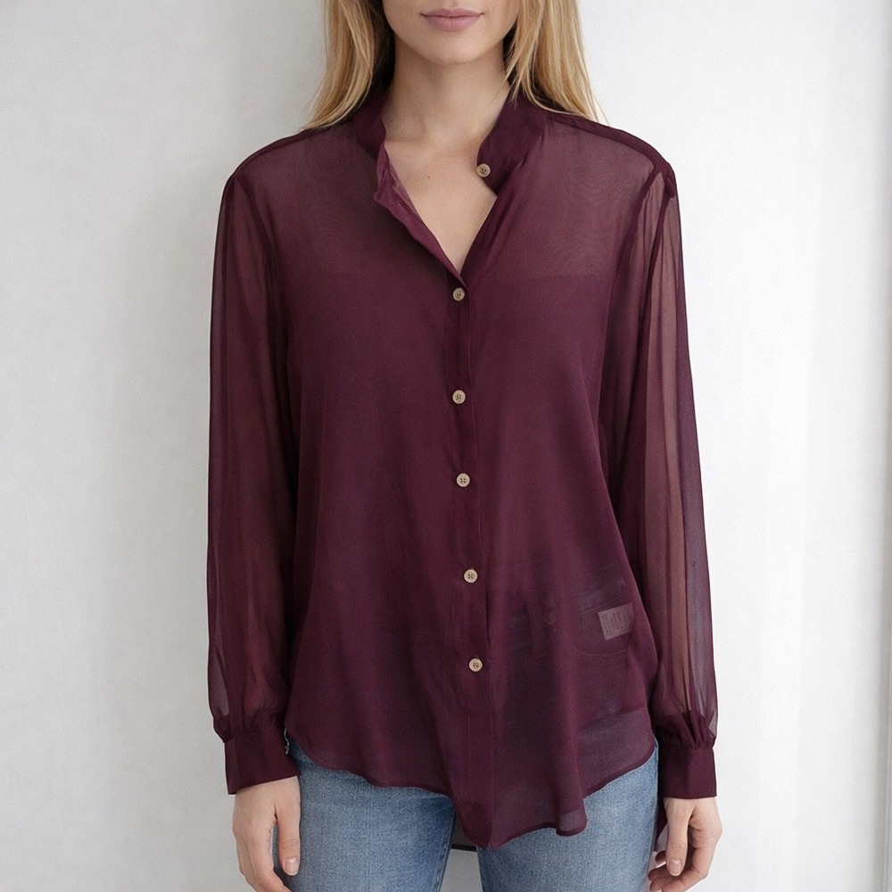 Illia Womens 100% Silk Sheer Button Down Blouse Plum Purple High Low Size 4